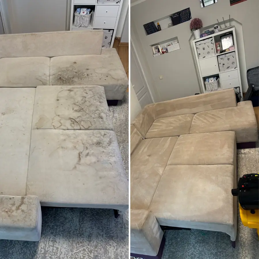 Deep Clean tīrīšanas darbu piemērs — dīvāns pirms un pēc ķīmiskās tīrīšanas